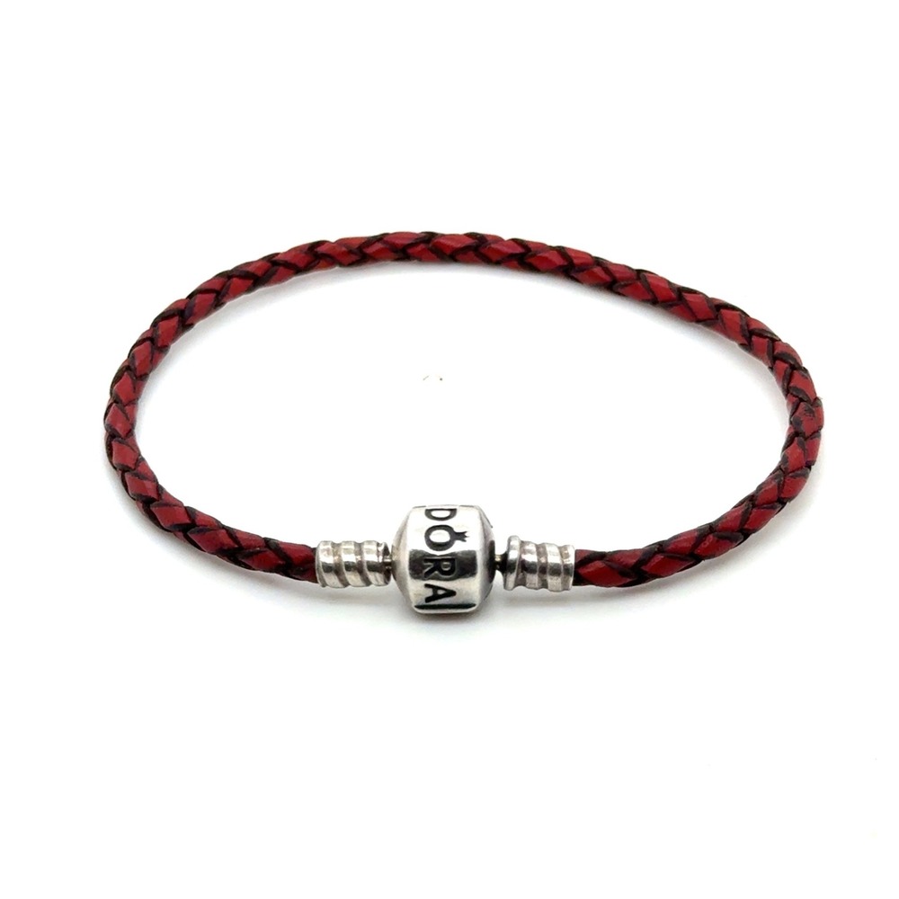 Pandora Braided Red Leather Bracelet Sterling Silver Clasp 7.25 Inch